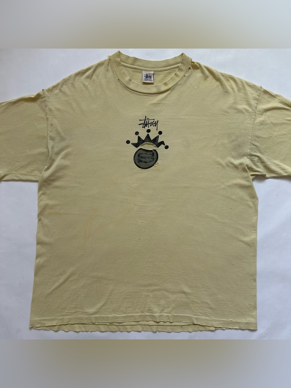Vintage stussy single stitch distressed 90s crown basic logo tee Pale Yellow XXL